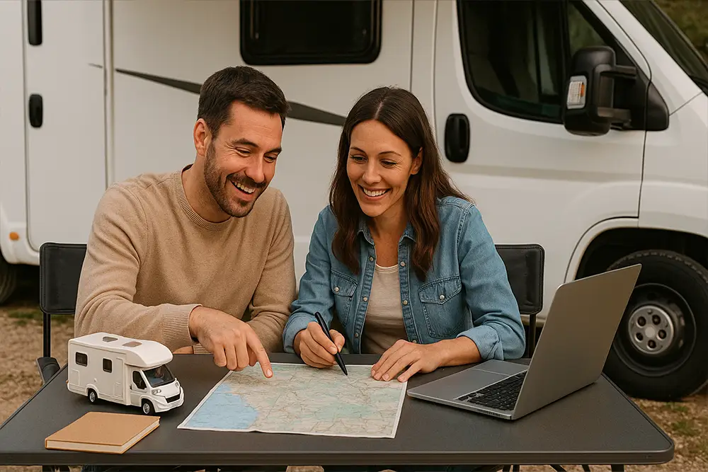 Casal feliz a planear uma viagem de autocaravana