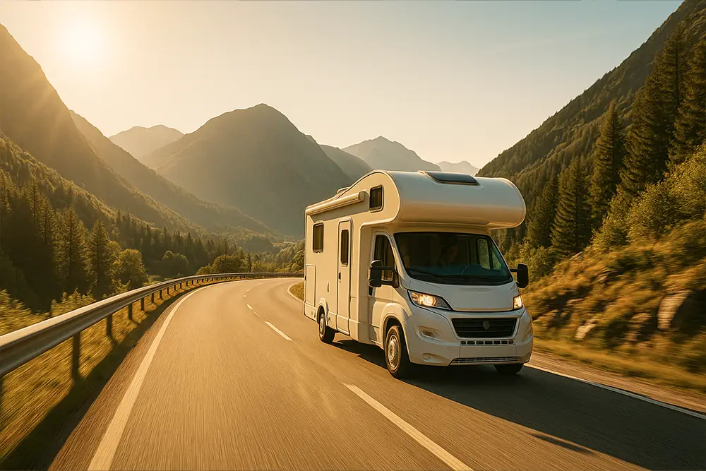Autocaravana numa estrada de montanha, símbolo de liberdade