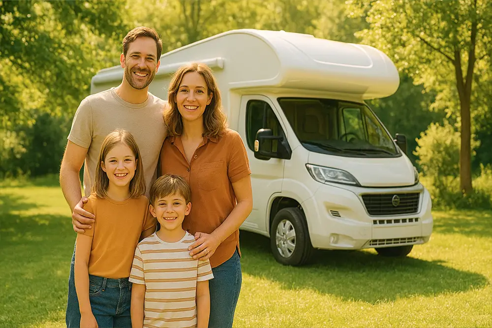 Família sorridente em frente à sua nova autocaravana