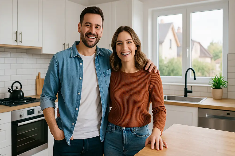 Casal feliz na sua nova cozinha equipada graças a um crédito para eletrodomésticos