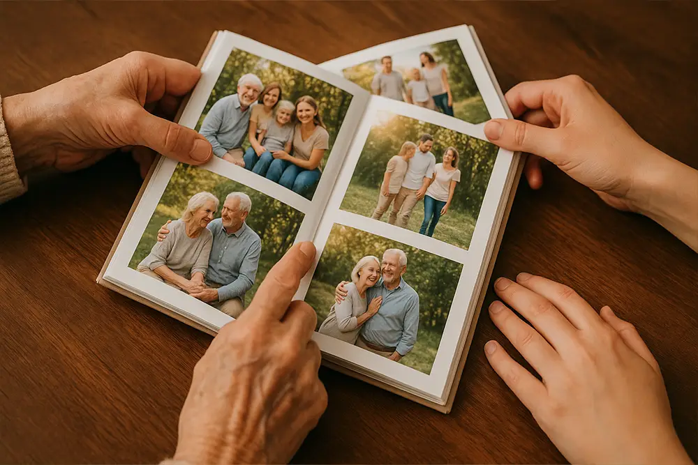 Mãos de diferentes gerações a folhear um álbum de fotografias, simbolizando a partilha e a transmissão de memórias