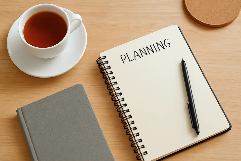 Uma secretária organizada com um caderno e uma chávena de chá, simbolizando um planeamento financeiro claro e sereno