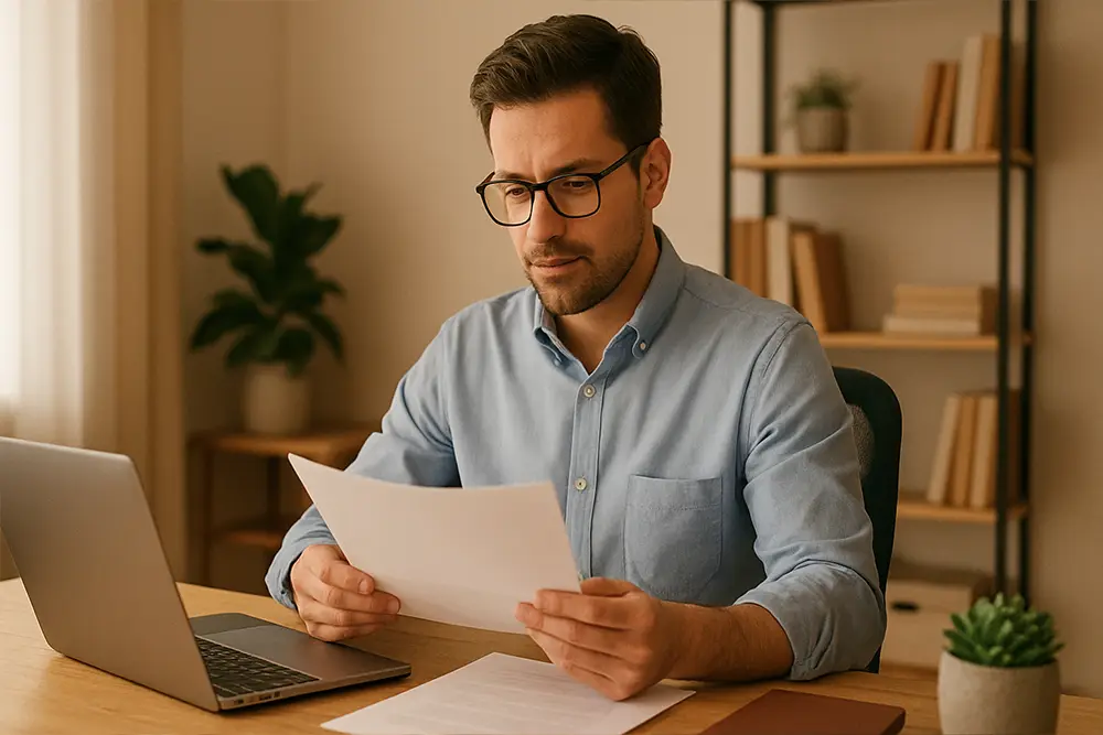Profissional liberal a examinar documentos financeiros no seu escritório