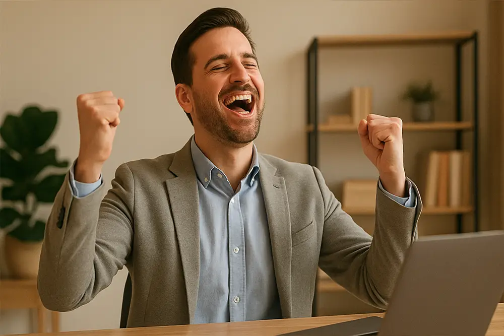Empresário a celebrar o sucesso do seu projeto profissional