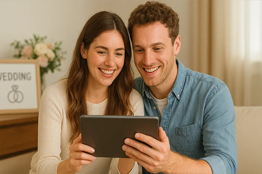 Casal feliz a planear o orçamento do seu casamento
