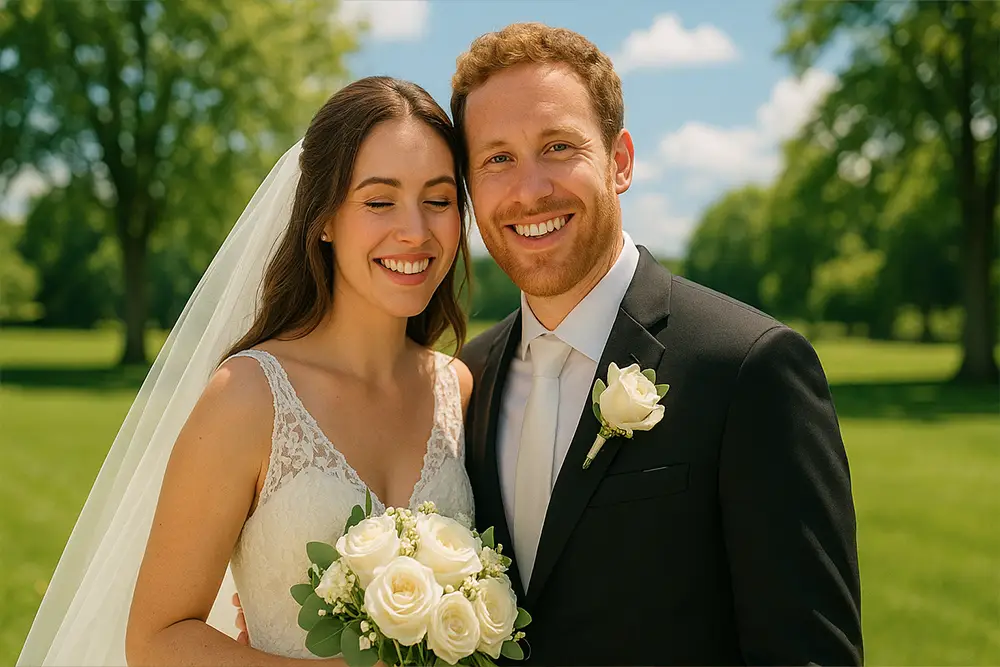 Foto de casamento de um casal sorridente