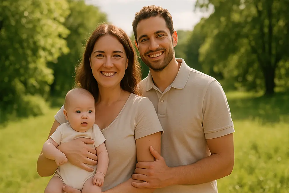 Jovens pais sorridentes com o seu recém-nascido