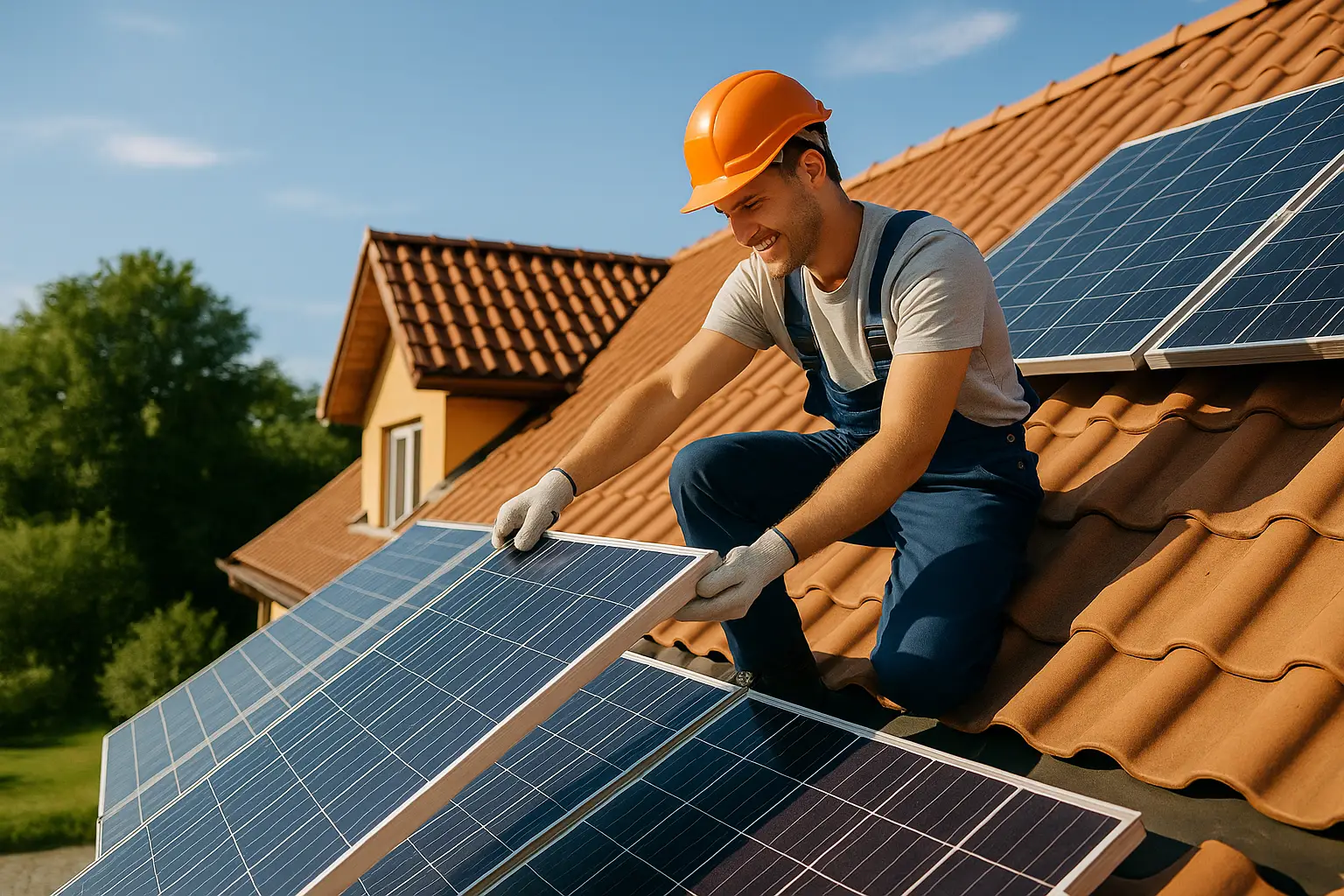 Trabalhador a instalar painéis solares no telhado de uma casa graças a um crédito para obras verdes