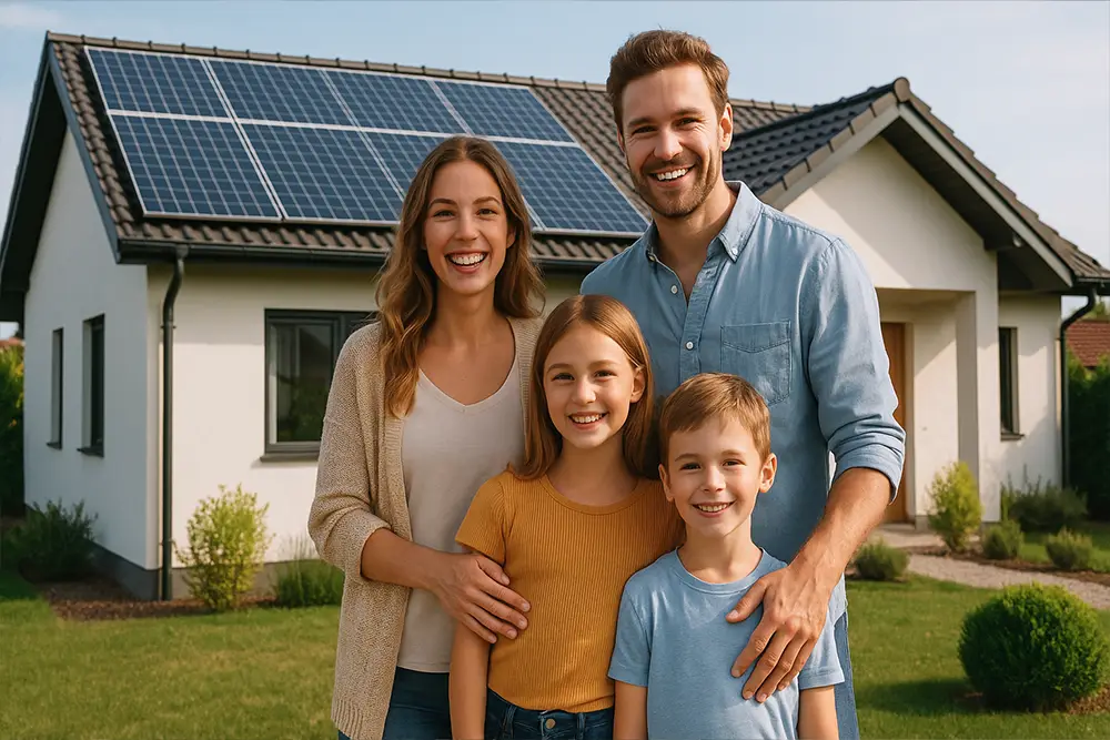 Família feliz em frente à sua casa equipada com painéis solares
