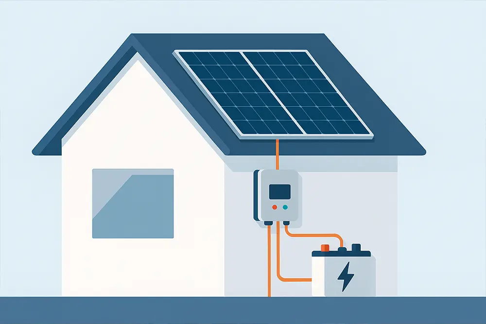 Detalhes de uma instalação de painéis solares com inversor e bateria