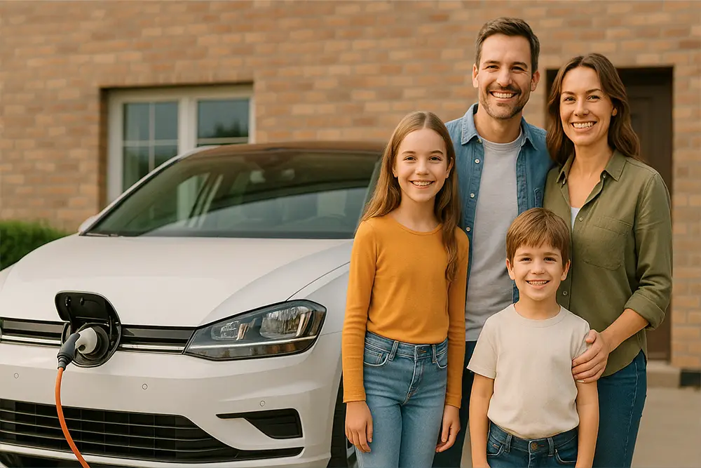 Família sorridente ao lado do seu carro elétrico a carregar, simbolizando um investimento sustentável graças ao crédito verde