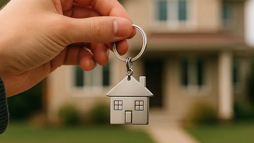 Porta-chaves em forma de casa em frente a uma residência