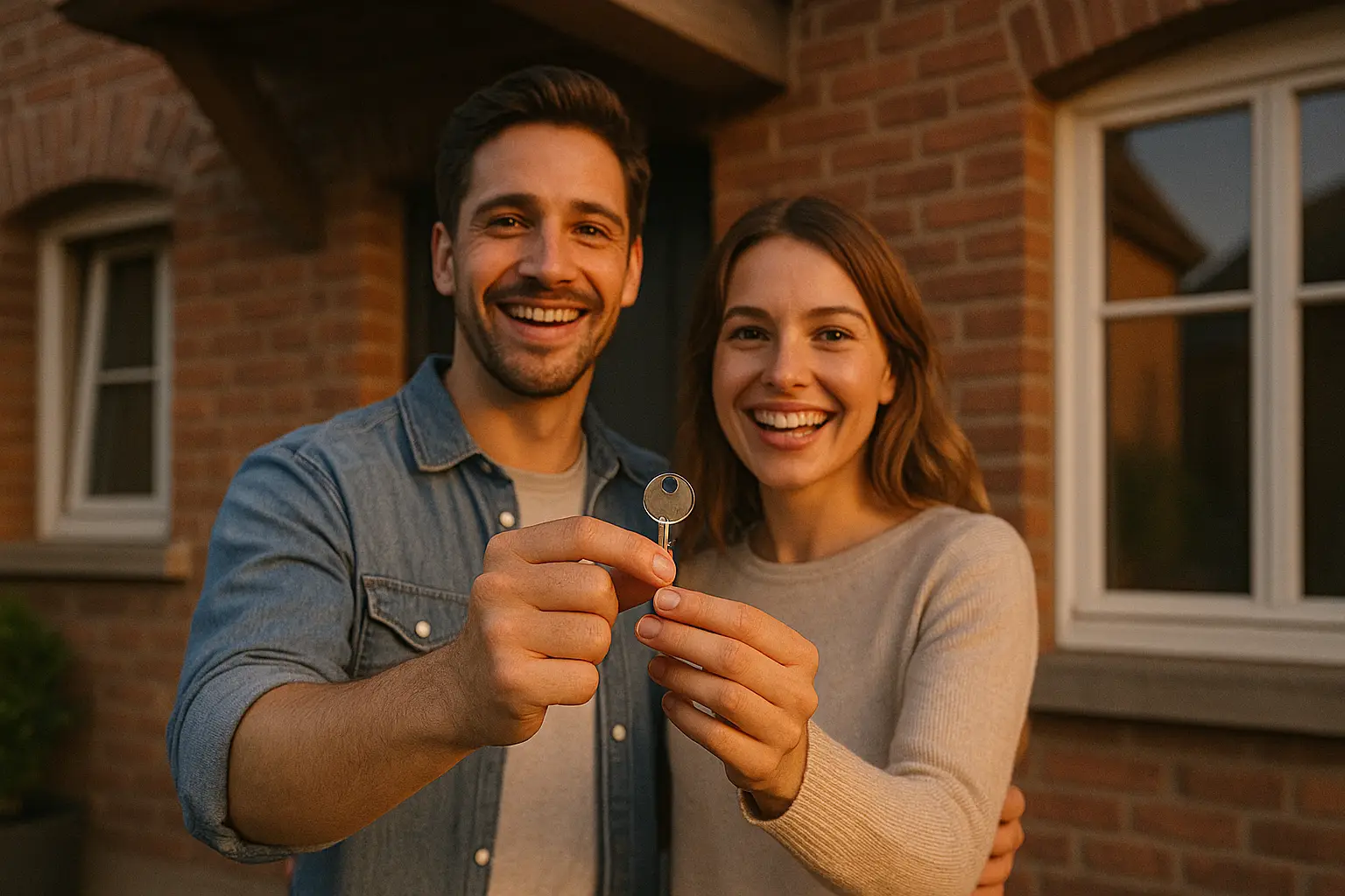 Casal sorridente em frente à sua nova casa