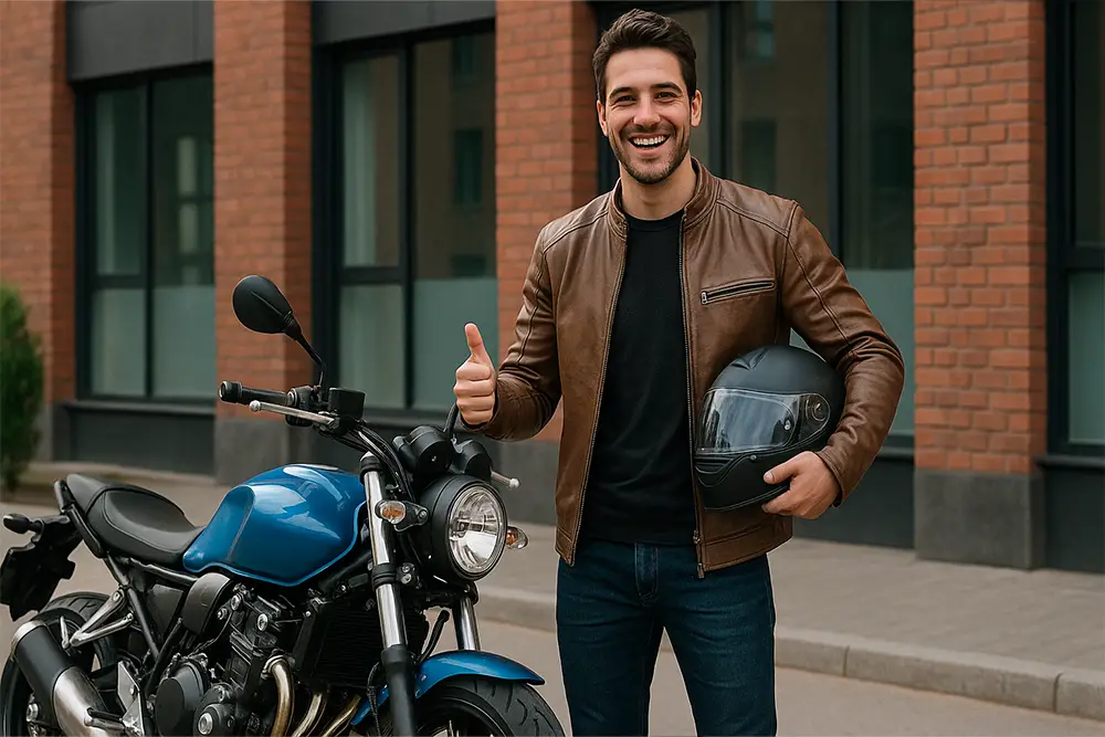 Motociclista feliz ao lado da sua nova mota