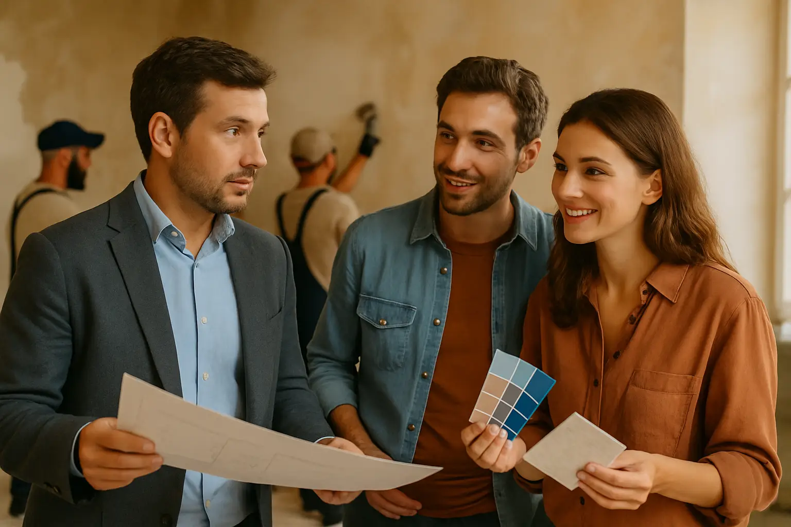 Arquiteto e um casal sorridente a escolher as cores do seu futuro apartamento graças ao seu crédito para renovação