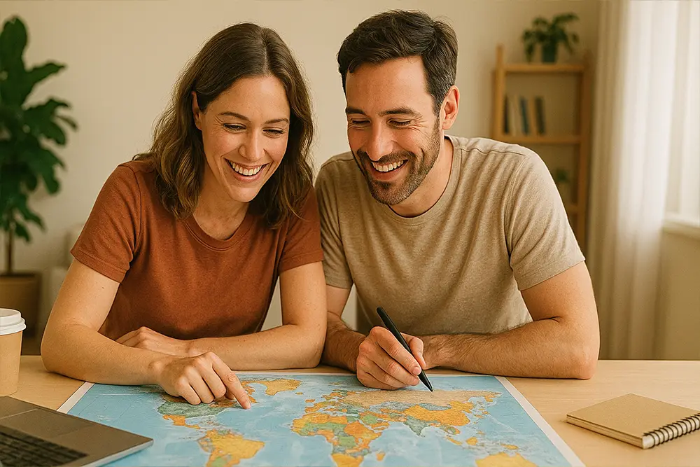 Casal feliz a planear as suas férias num mapa do mundo