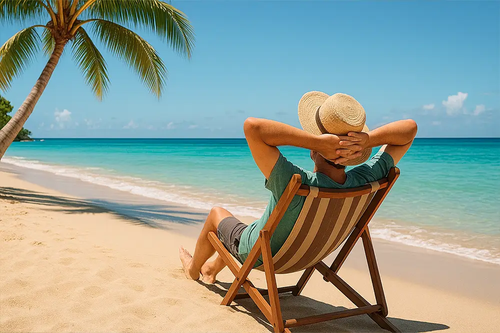 Pessoa a relaxar numa praia, simbolizando a tranquilidade de espírito em viagem